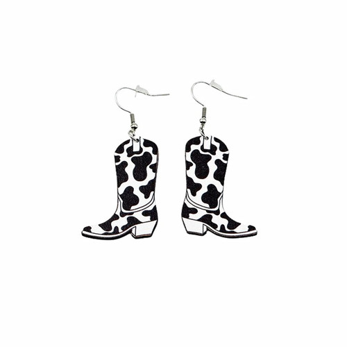 Western Cowboy Boot Earring Handmade Lightweight Wooden Disco Hat Texas Boots Cow Print Cowgirl Dangle Drop Earrings for Women Girls Fancy Dress Rodeo Costume Jewelry-A boot 3