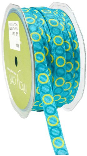 May Arts 3/8-Inch Wide Ribbon, Turquoise Grosgrain with Printed Circles