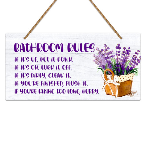 FLYAB Purple Bathroom Rules Sign,6"x12" Lavender Bathroom Decor Sign,Farmhouse Bathroom Rules Wall Plaque Sign for Bathroom Toilet Restroom Laundry Home Decor