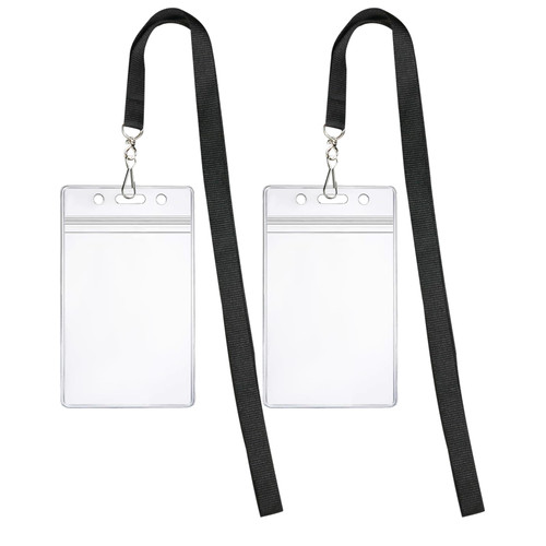 Lanyard with ID Holder Waterproof Name Tag Vertical Badge ID Card Holders ID Pass Holder - Black Lanyards with Vertical ID Badge Holder for Offices, Staff, Students, Employees (Black 2pcs)