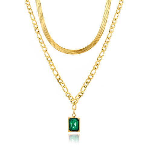 BUREI Dainty Gold Layered Choker Necklace Layered Birthstone Necklace for Women Simple CZ Diamond Pendant Necklace for Girls (Gold+Green Crystal)