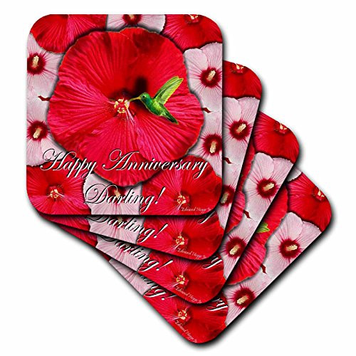 3dRose cst_41496_1 Hummingbird Red and White Hibiscus Anniversary Soft Coasters, Set of 4