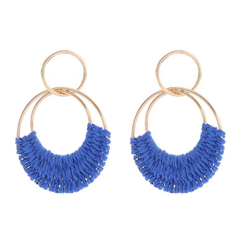 Handmade Raffia Hoop Earrings For Women Boho Summer Beach Earrings Lightweight Straw Wicker Rattan Dangle Earrings Statement Geometric Earrings(Royal Blue)