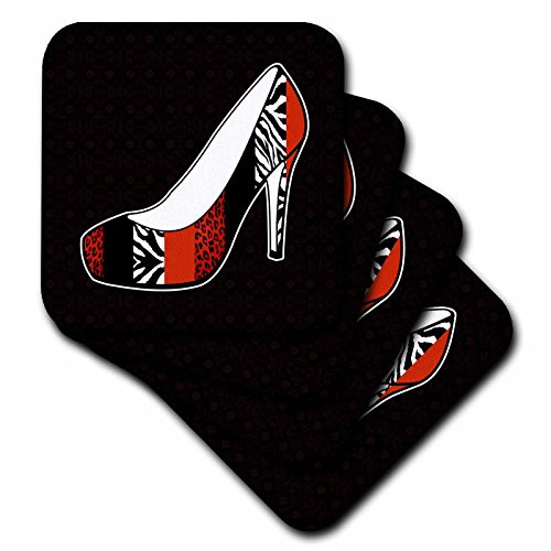3dRose cst_57145_1 I Love Shoes Animal Print High Heel Shoe Red Cheetah and Zebra Soft Coasters, Set of 4