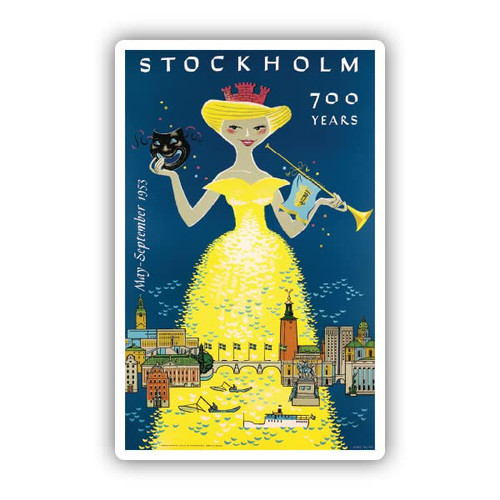 Squiddy Stockholm Sweden Vintage Travel - Vinyl Sticker Decal for Phone, Laptop, Water Bottle (4" high)
