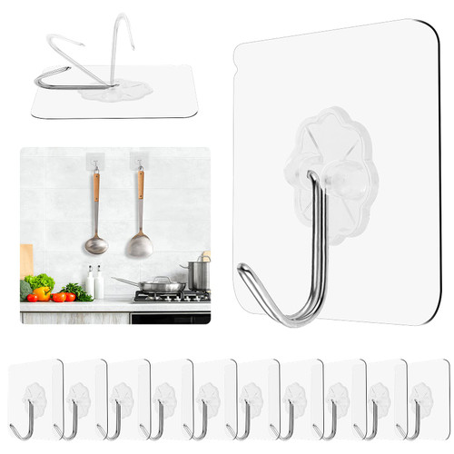 WLLHYF Wall Hooks 12 Pack Heavy Duty Hold 22lb(Max) Sticky Waterproof Hooks Self-Adhesive Transparent Hooks Traceless Wall Hooks Wall Hangers Without Nails for Kitchen Bathroom Office Closet