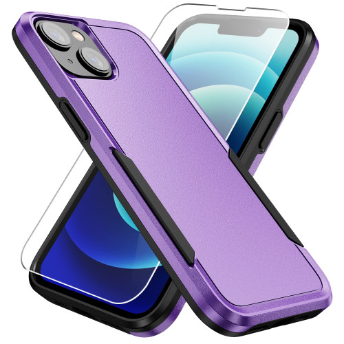 Warsia for iPhone 14 Case, iPhone 13 Case, with Screen Protector, Heavy-Duty Tough Rugged Shockproof Protective Case for iPhone 14/13, Purple