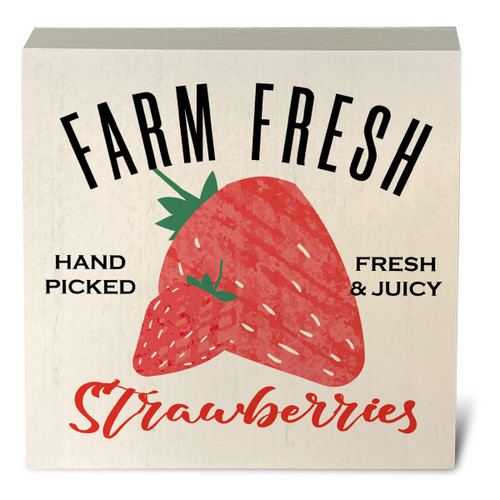 Farm Fresh Strawberries Artwork Wood Box Sign Rustic Farmhouse Style Summer Strawberry Wood Block Plaque 5 X 5 Inches Home Kitchen Desk Sign Decor for Presents