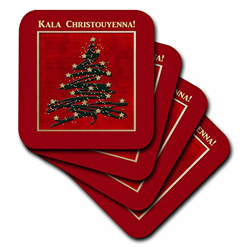 3dRose cst_37022_1 Kala Christouyenna, Merry Christmas in Greek, Christmas Tree on Red Soft Coasters, Set of 4