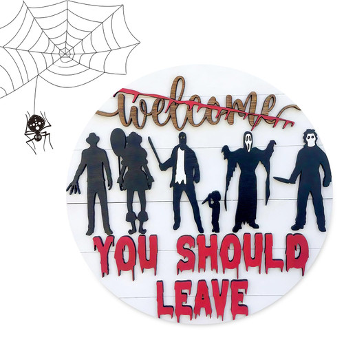 Halloween Horror Movie Characters 3D Welcome Sign Scary Front Door Welcome Wreath Sign, Rustic Farmhouse Hanging Decoration for Front Door Porch Decor Home Party Indoor Outdoor