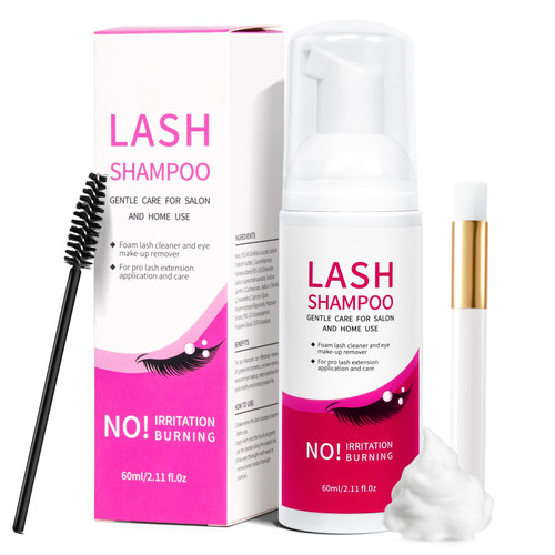 Geisofu Eyelash Extension Cleanser 60ml Lash Shampoo for Lash Extensions with Lash Shampoo Brush & Mascara Brush, Oil-Sulfate Free Eyelash Shampoo Lash Foam Cleanser for Lash Cleaning - Salon&Home Use