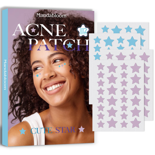Mandabloom 112 Star Acne Patches with Salicylic Acid & Tea Tree Oil, Star Pimple Patch Pimple Patches for Face Blue & Purple Hydrocolloid Acne Patches Cute Zit Patches for Face Healing Sticker