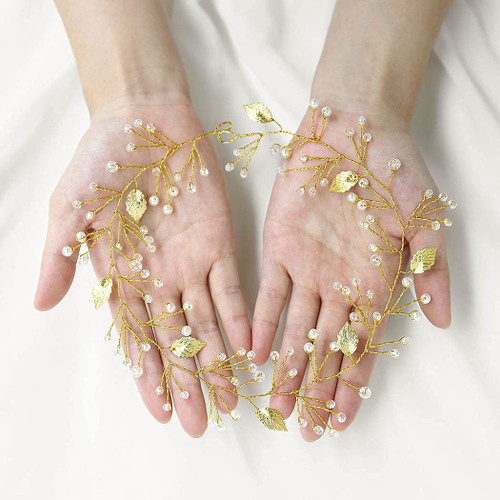 EASEDAILY Leaf Bride Wedding Hair Vine Gold Crystal Headband Pearl Hair Pieces Bridesmaids Headpiecees Bridal Hair Accessories for Women and Girls