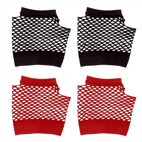 PENTA ANGEL 2 Pairs Fishnet Fingerless Gloves for Women Girls Halloween Cosplay (Short, Black, Red)