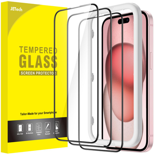 JETech Full Coverage Screen Protector for iPhone 15 6.1-Inch, Black Edge Tempered Glass Film with Easy Installation Tool, Case-Friendly, HD Clear, 3-Pack