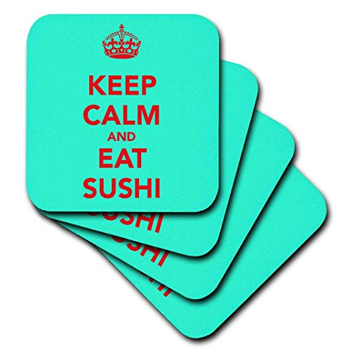 3dRose cst_173314_1 Keep Calm and Eat Sushi. Turquoise and Red-Soft Coasters, Set of 4
