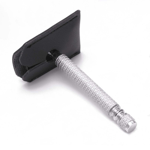 QICAITU Genuine Leather Double Edge Safety Razor Protective Sheath/Travel Cover - Fits All Standard Safety Razors - Color: Black