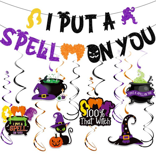 Halloween I Put A Spell On You Banner (No DIY) With Hocus Pocus Hanging Swirl Decorations,Hocus Pocus Halloween Banner,Halloween Witche Party Decoration Hocus Pocus Party Supplies