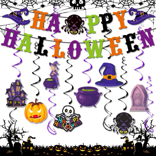 Halloween Hanging Swirl Decorations,Happy Halloween Banner, Witches Ghost Pumpkin Ceiling Decorations for Halloween Bar Home Party Supplies (003)