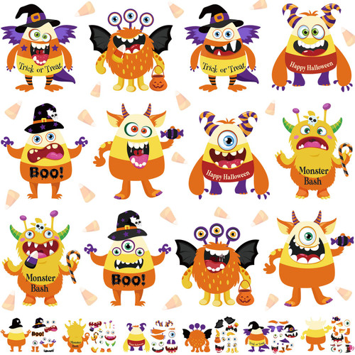 48 Sheets Halloween Craft for Kids Candy Corn Stickers Make a Monster Pumpkin Face Stickers Halloween Decorations Candy Corn Birthday Party Crafts Supplies Trick or Treat DIY Classroom School