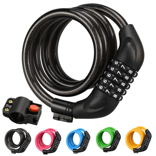 Bike Lock Cable, 1/2/4 Pack 4ft Combination Bicycle Lock with Mounting Bracket, High Security 5 Digit Resettable Coiling Bicycle Lock, 5 Colors Anti Theft Cable Locks for Bike(1 Pack, Black)