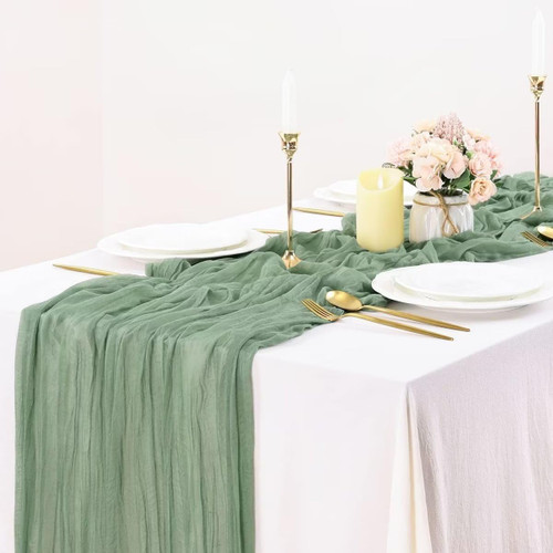 WELTRXE Sage Green Gauze Table Runner 35 x 160 inches Cheesecloth Fabric Table Runner Green Boho Wedding Decor 13ft Rustic Sheer Runner Party Decorations for Wedding, Birthday, Bridal & Baby Shower