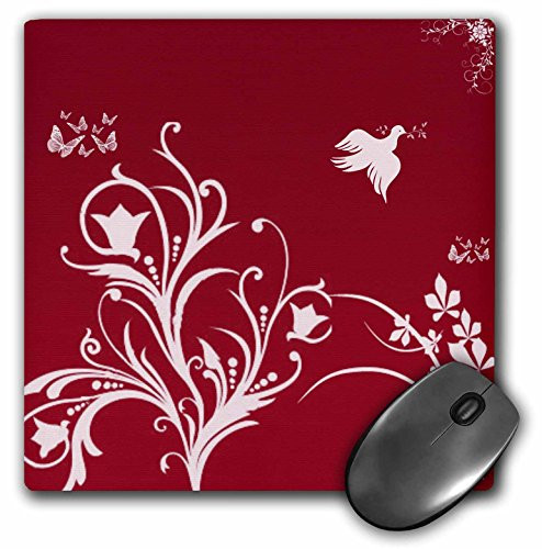 3dRose LLC 8 X 8 X 0.25 Inches Mouse Pad, Floral Pattern in White on Red Background with Dove and Butterflies (mp_36117_1)