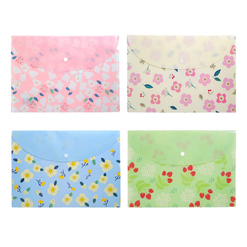 Plastic Envelope Floral Filling Document Folders A4 File Envelopes with Snap Closure 4PCS File Holder