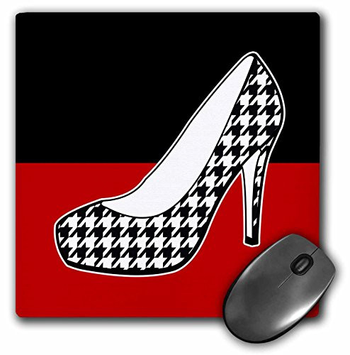 3dRose LLC 8 x 8 x 0.25 Inches Mouse Pad, "I Love Shoes" Houndstooth Print High Heel Shoe on Black/Red (mp_57143_1)
