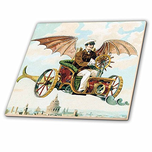3dRose ct_102667_1 Vintage Steampunk Flying Machine Dirigible Design-Ceramic Tile, 4-Inch