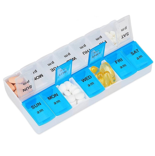 Pill Organizer 7 Day, Pill Box 2 Times a Day AM PM Pill Case, Weekly Pill Container Portable Travel Medicine Box for Vitamins and Supplements (Blue-White) Pill Organizer 7 Day, Pill Box 2 Times a Day AM PM Pill Case, Weekly Pill Container Portable Travel Medicine Box for Vitamins and Supplements (Blue-White)