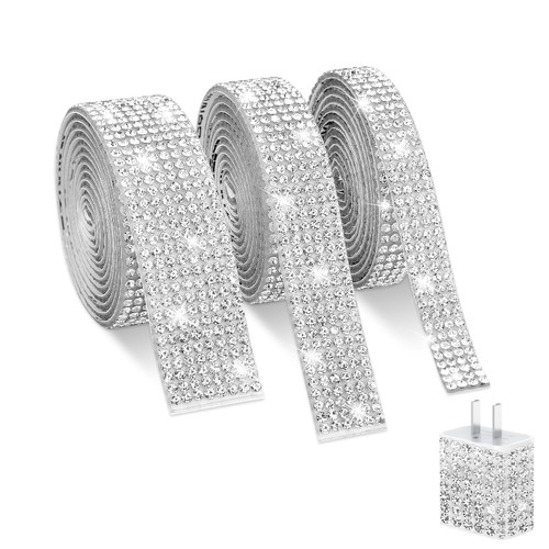 3PCS Rhinestone Ribbon, Self Adhesive Crystal Rhinestone Ribbon, Crystal Rhinestone Ribbon Shiny Rhinestone Strips Rhinestone Roll Diamond Ribbon Rhinestone Tape for Crafting DIY Party Decor(Silver)