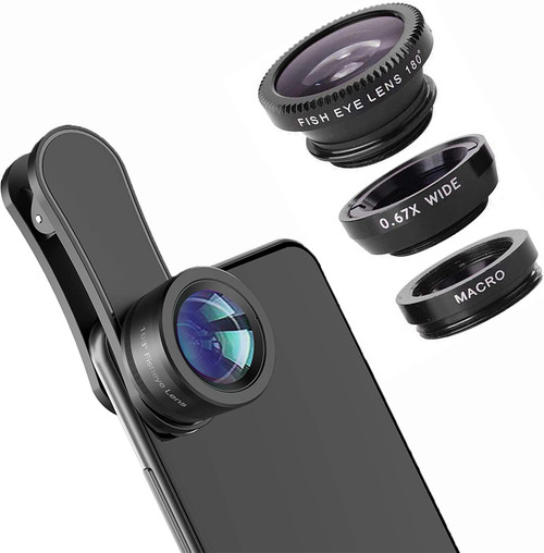 Phone Camera fisheye Lens, 0.63X Wide Angle Lens&Macro Lens for iPhone, 3 in 1 Universal Clip Lens for Cell Phone, Camera Lens Kit for iPad Pixel Samsung Android and Most Smartphones. Black