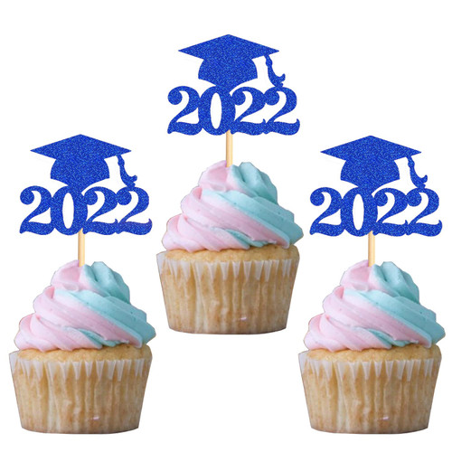 48 Pack Blue Glitter Graduation Cap Cupcake Toppers Class of 2022 Grad Cap Cupcake Picks for 2022 Graduation Theme Party Cake Decorations Supplies