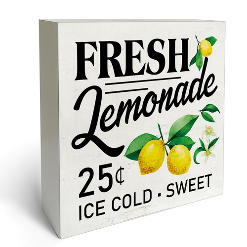 Rustic Farmhouse Style Fresh Lemonade Box Sign Wood Desk Sign Decor Summer Seasonal Lemon Wooden Block Plaque Box Sign Home Kitchen Decorations (5 x 5 Inches)
