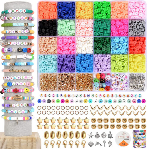 4800Pcs Clay Beads for Jewelry Making Bracelet Kit,Flat Round Polymer Heishi Clay Beads with Pendant and Jump Rings Letter Beads for Bracelets Necklace Earring DIY Craft-24 Colors 6mm
