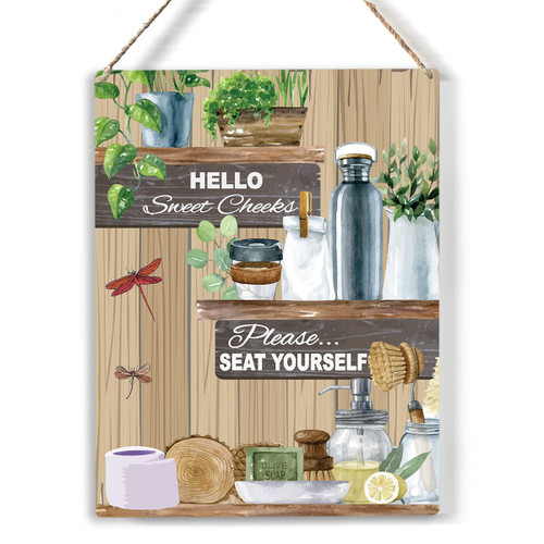 Rustic Hello Sweet Cheeks Please Seat Yourself Wood Sign Bathroom Wooden Signs Hanging Plaque Home Wall Art "8 x 10", Perfect Sign Wall Decor for Home Bathroom