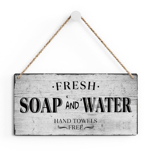 SENJIAN Rustic Bathroom Wood Decor Sign, Soap and Water Hand Towels Printed Wood Sign Wall Art, Hanging Door Sign, Decorative Wood Sign Home Bathroom Decor 12" x 6"