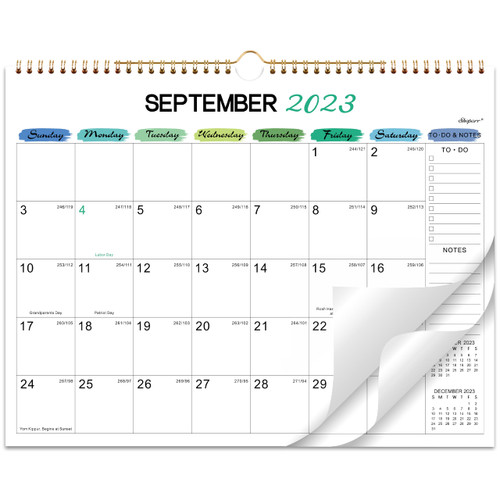 2024 Wall Calendar - Sep. 2023 - Dec. 2024, Monthly Calendar 2024, 16-Month Calendar, 15" x 11.5", Twin-Wire Binding + Hanging Hook + Thick Paper + Unruled Blocks with Julian Dates - Multicolored