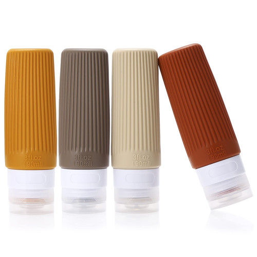 Silicone Travel Bottles for Toiletries,BPA Free,3 oz Leak Proof Refillable Portable Squeeze Empty Accessories Travel Size Liquid Cosmetic Lotion Shampoo Conditioner Bottles Containers 4 Pack Brown