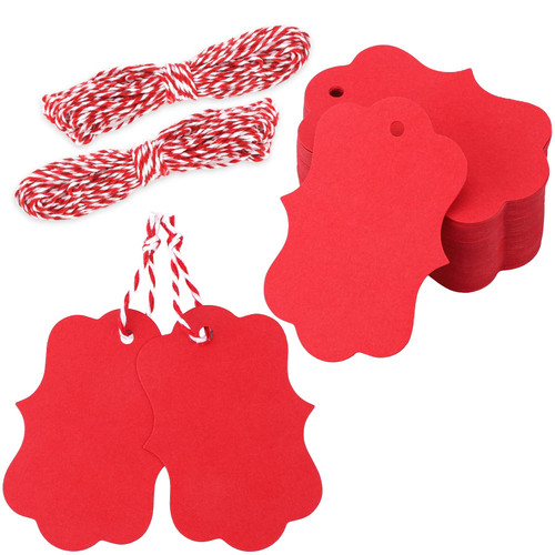 joycraft 100Pcs Blank Gift Tags with String,Red Double-Sided Blank Paper Favor Tags,Personalized Hang Tags for Gift Wrapping,Wedding,Birthday,Party,Merchandise and DIY Project(2.75" x 2")