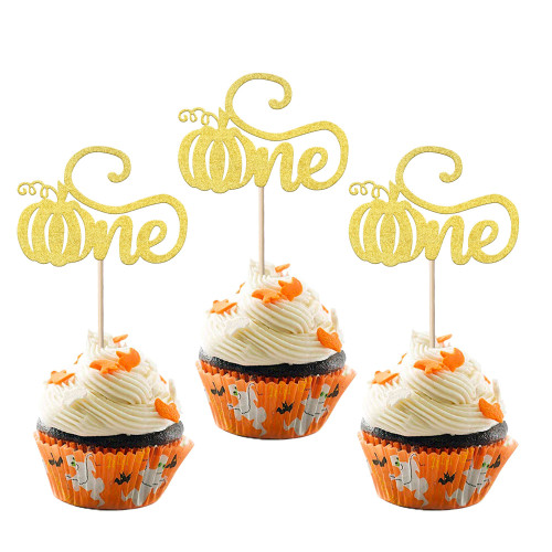 24 Pack Pumpkin Cupcake Toppers Glitter Fall Theme Pumpkin First Birthday Cupcake Picks Fall Harvest Theme Baby Shower Kids 1st Birthday Party Cake Decorations Gold