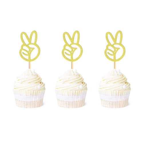 Ercadio 24 Pack Peace Sign Hand Cupcake Toppers Gold Glitter Peacekeeper Cupcake Toppers Hand 2nd Birthday Cupcake Picks for 2nd Peace Themed Party Birthday Anniversary Cake Decor Supplies