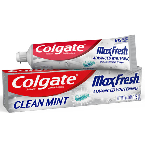 Colgate Max Fresh Toothpaste, Advanced Whitening Toothpaste with Mini Breath Strips, Clean Mint Toothpaste for Bad Breath, Helps Fight Cavities, Whitens Teeth, and Freshens Breath, 6.3 Oz Tube