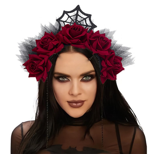 Catery Gothic Floral Headband Halloween Headbands Gothic Floral Headdress Veil Headband Vampire Rose Headpiece Cosplay Masquerade Hair Accessories for Women and Girls