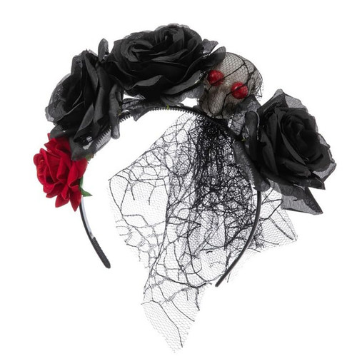 Fashey Halloween Headband Rose Flower Headbands Day Of The Dead Headpiece Black Veil Hair Band Masquerade Headdrees Halloween Festival Costume Hair Accessories for Women and Girls