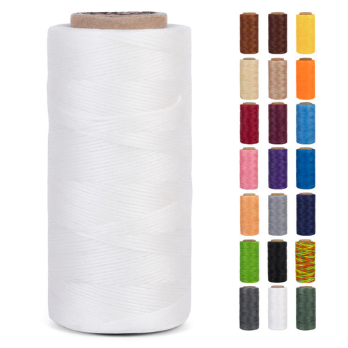 LEREATI 0.8mm Waxed Thread for Leather Sewing 284 Yards 150D Flat Wax String Sewing Thread, Waxed Cord for Bracelet Making, Bookbinding, Shoe Repairing, Leather Projects, DIY Crafts (White)