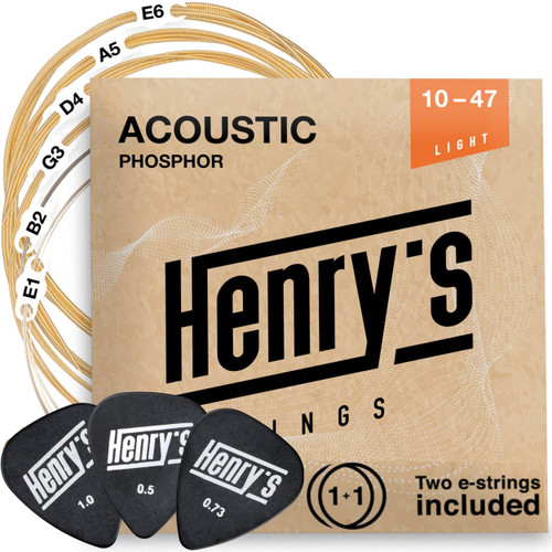 Acoustic Guitar Strings 10-47 - Brilliant Sound & Extra E1 String & 3 Guitar Picks - Phosphor Bronze Guitar Strings Acoustic Light - Acoustic Guitar Strings 6 String Set