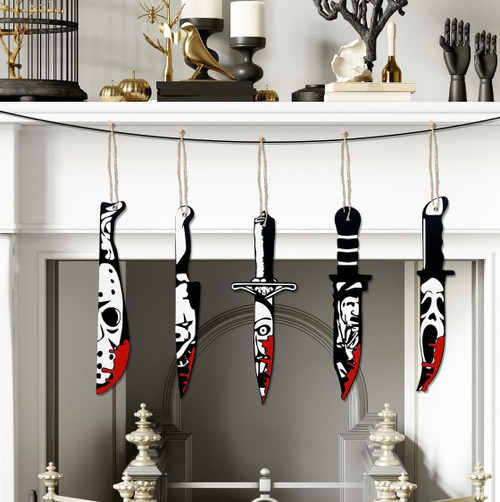 XFongFron Scary Halloween Decorations Horror Movie Characters Wooden Hangging Sign for Halloween Door Home Wall Decorations 5PCS