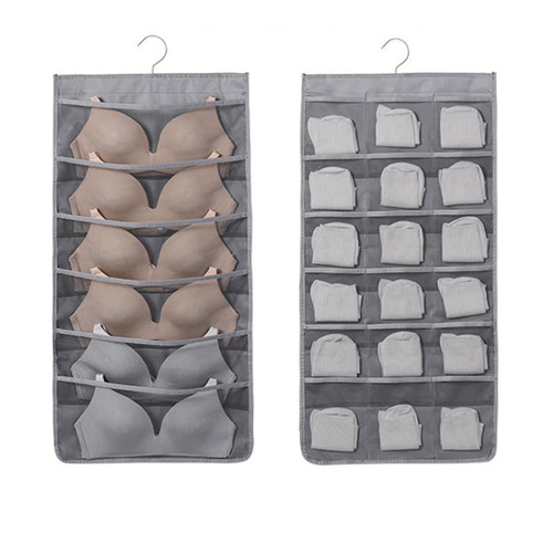 LSHDXD Closet Hanging Bra Organizer with Rotating Metal Hanger?Dual Sided Mesh Pockets Storage Bag?Hanging Wall Shelf Wardrobe Organizer for Bra Underwear Underpants Socks (6+18 Pockets)